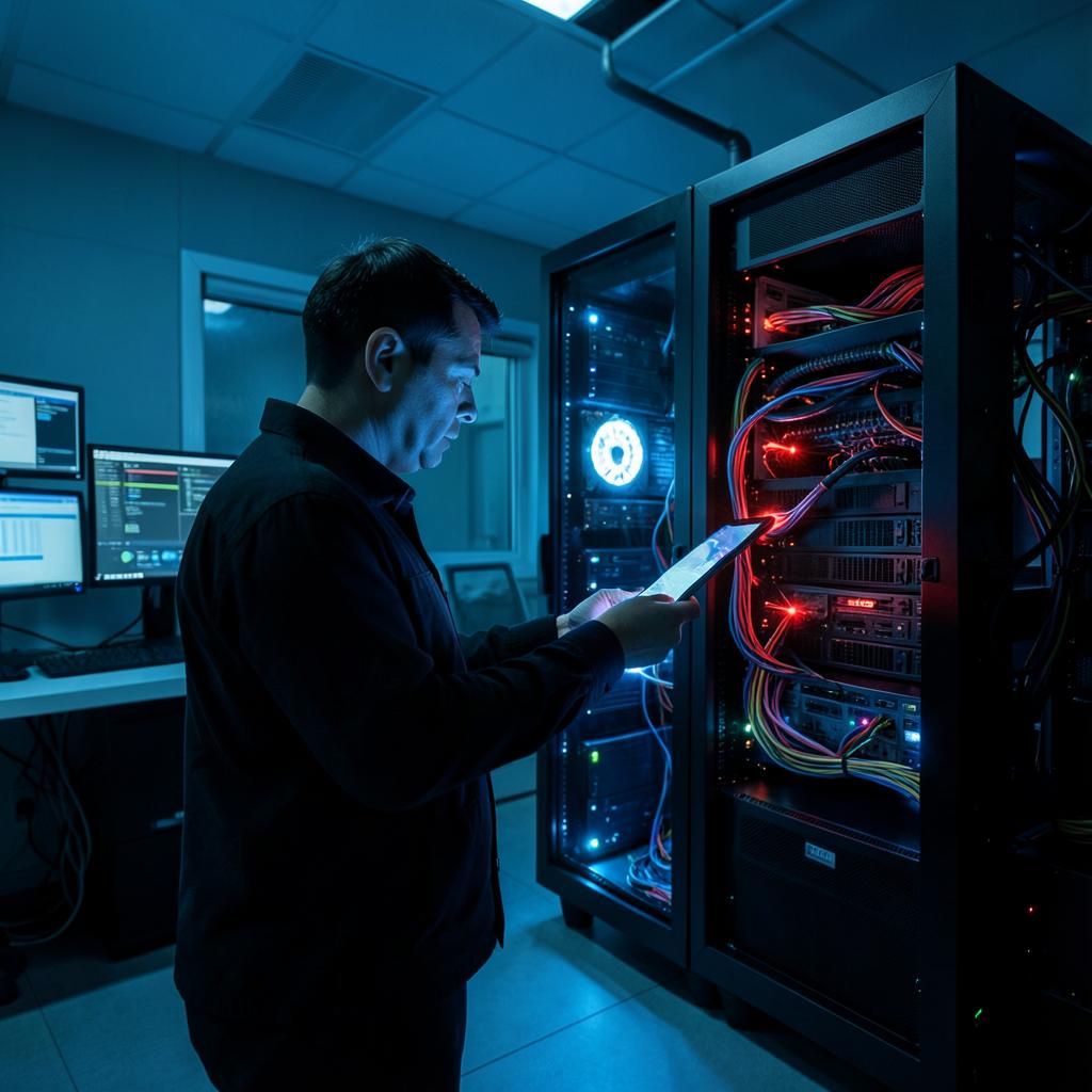 Techniker prüft einen Server-Schrank